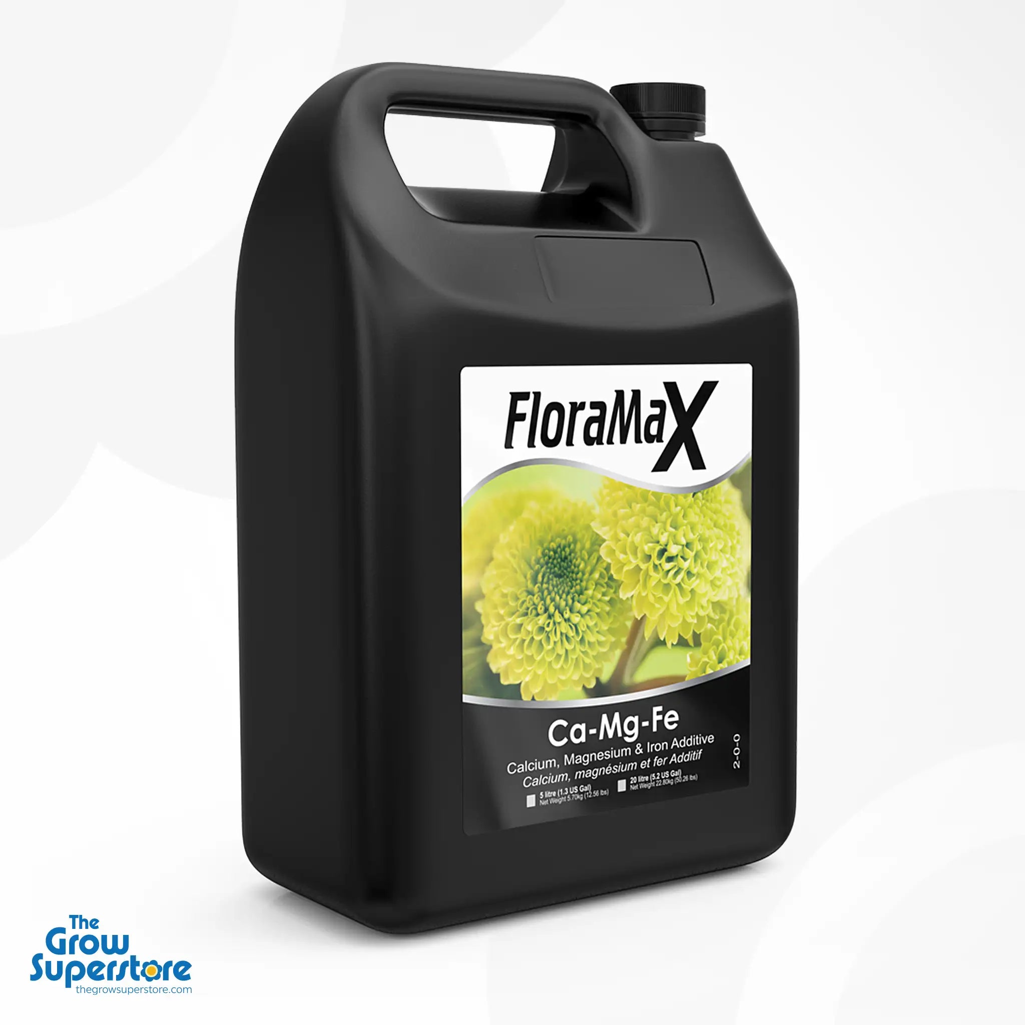 5-litre FloraMax Ca-Mg-Fe bottle, designed to treat large hydroponic setups with balanced nutrient support – thegrowsuperstore.com