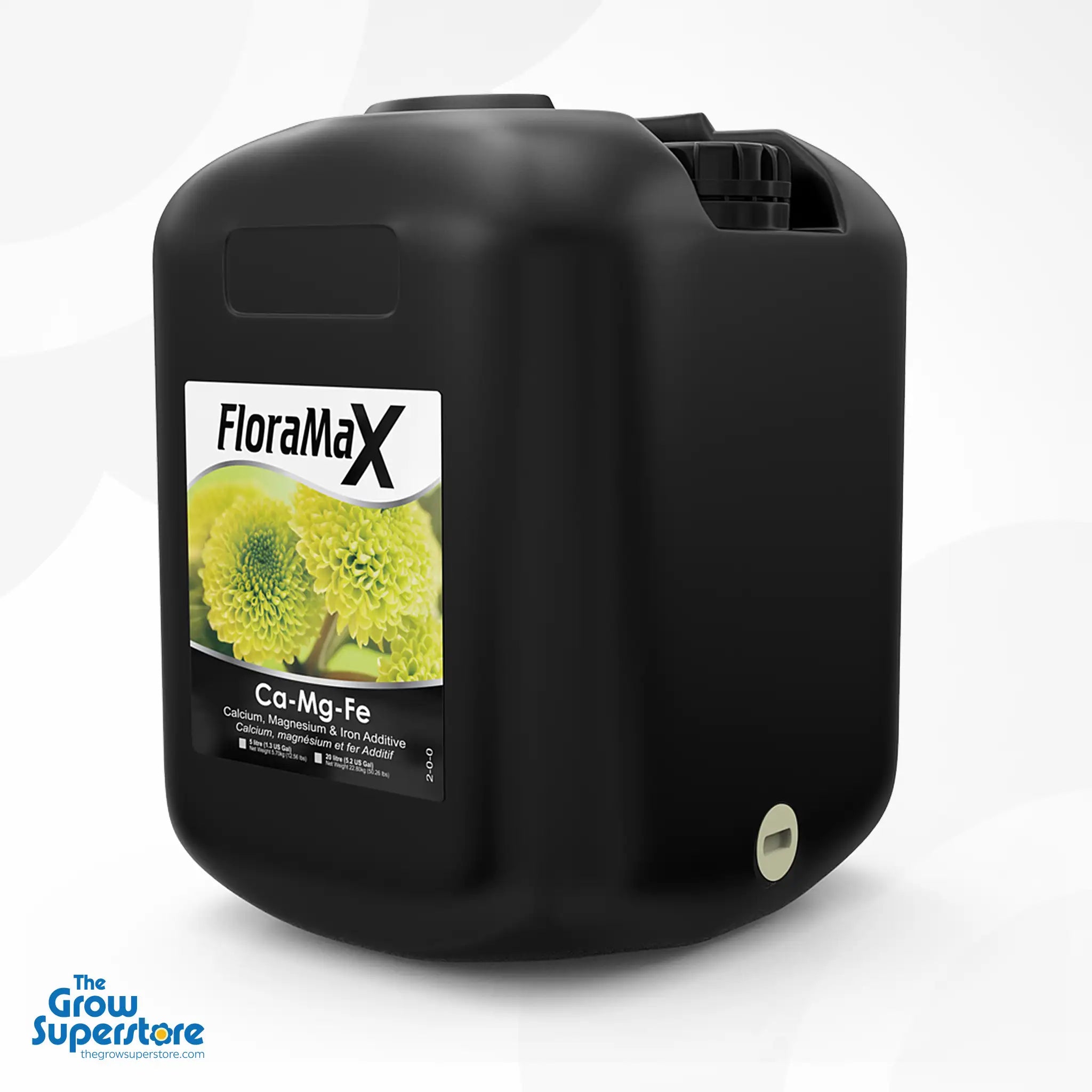 20-litre container of FloraMax Ca-Mg-Fe for high-volume growers needing consistent calcium-magnesium and trace element coverage – thegrowsuperstore.com