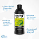 FloraMax Flowering Enhancer 1L bloom booster bottle with text overlay: adds Calcium, Magnesium, and Iron, boosts PK for stronger flower sets, locks pH under 6.5, and prevents leaf yellowing and tip curl – thegrowsuperstore.com