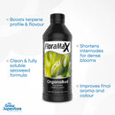 FloraMax OrganaBud 1L organic additive bottle with text overlay: boosts terpene profile and flavour, shortens internodes for dense blooms, improves final aroma and colour, and uses a fully soluble seaweed-based formula – thegrowsuperstore.com