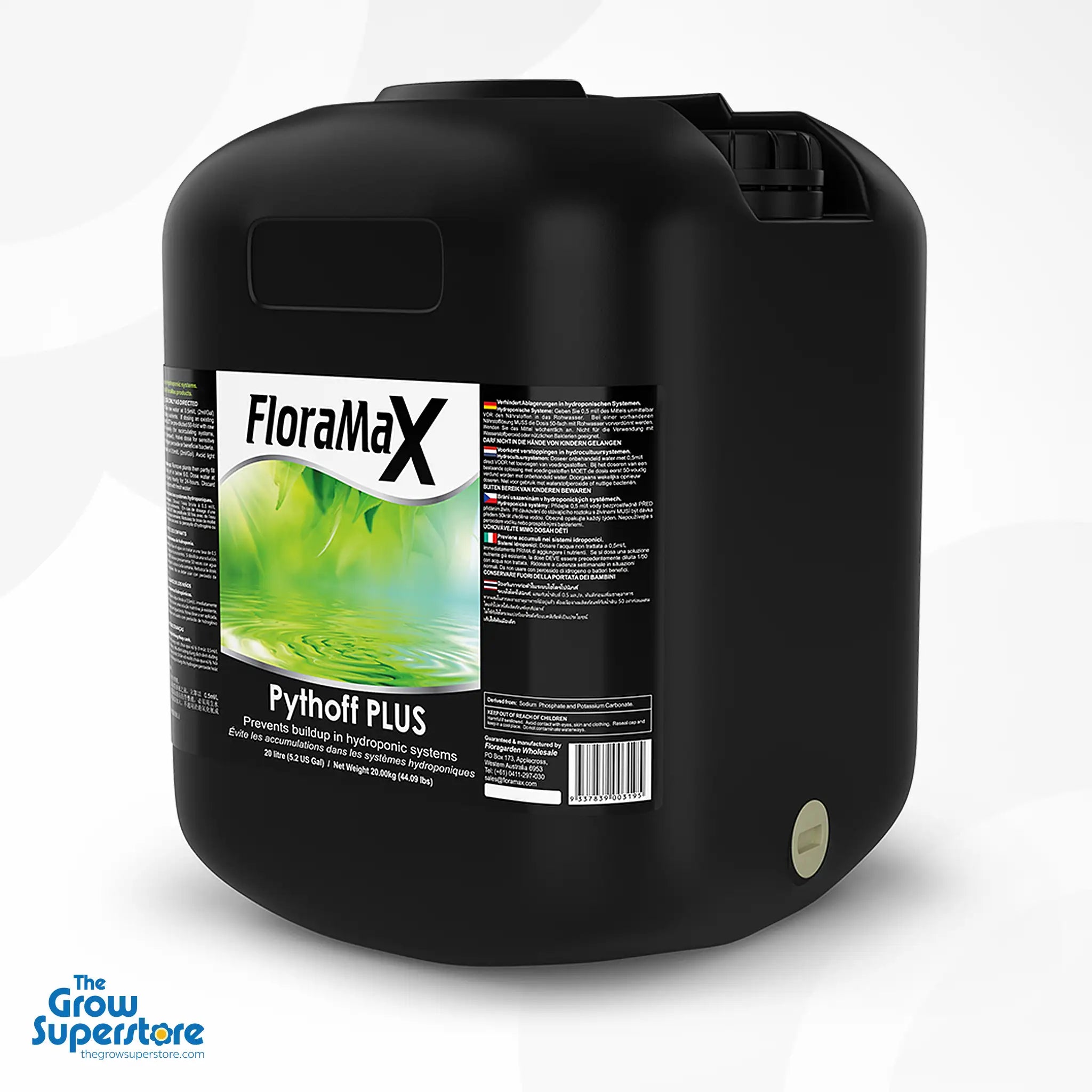 Large 20-litre FloraMax Pythoff PLUS bottle, designed for heavy-duty hydroponic applications and system flushing – thegrowsuperstore.com