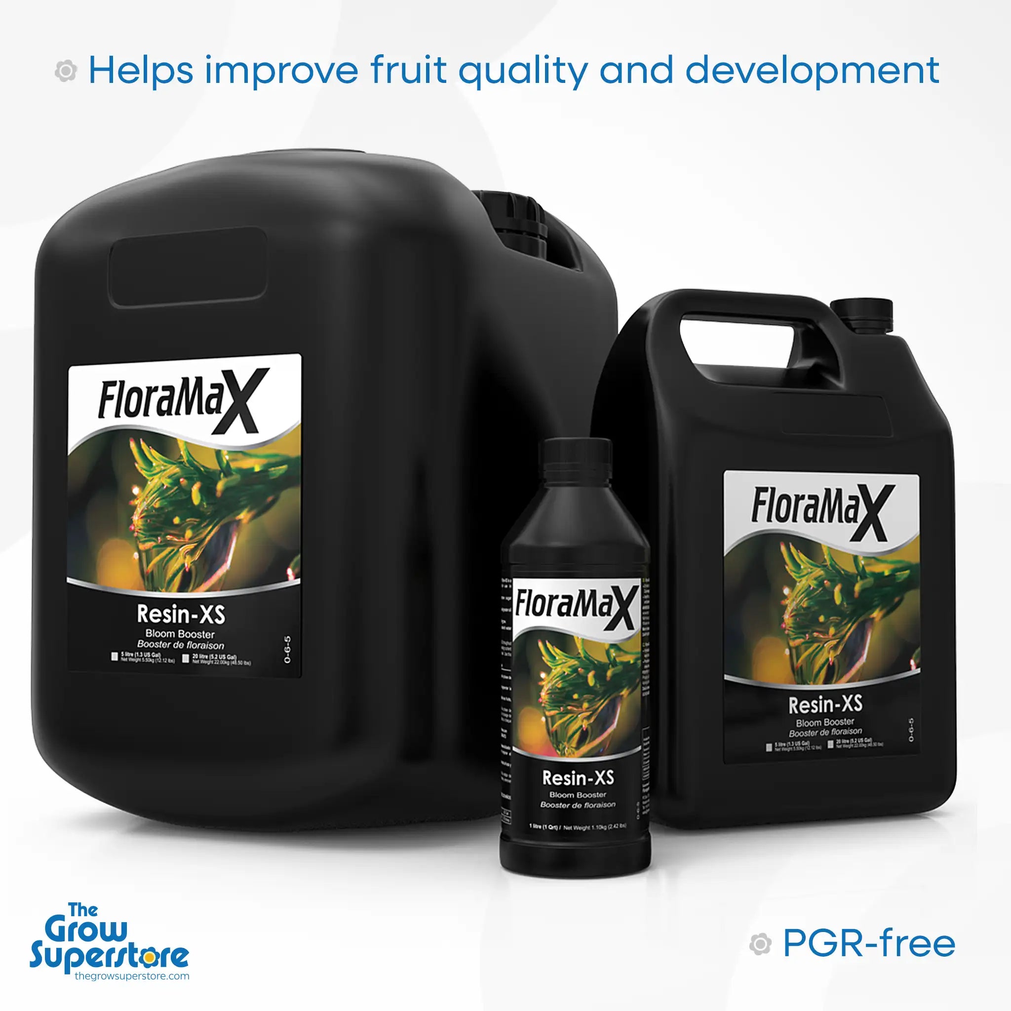 FloraMax Resin-XS bottles in various sizes – bloom booster that improves fruit quality and development – thegrowsuperstore.com