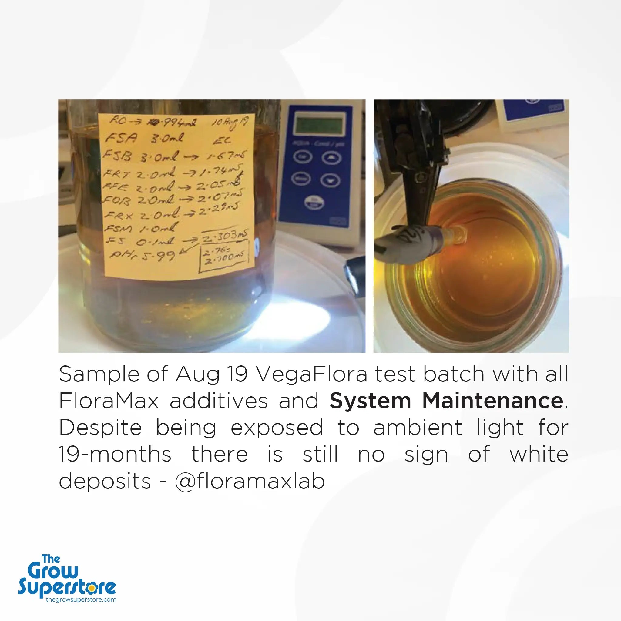 Lab-tested solution with FloraMax System Maintenance showing clear nutrient sample after 19 months – thegrowsuperstore.com