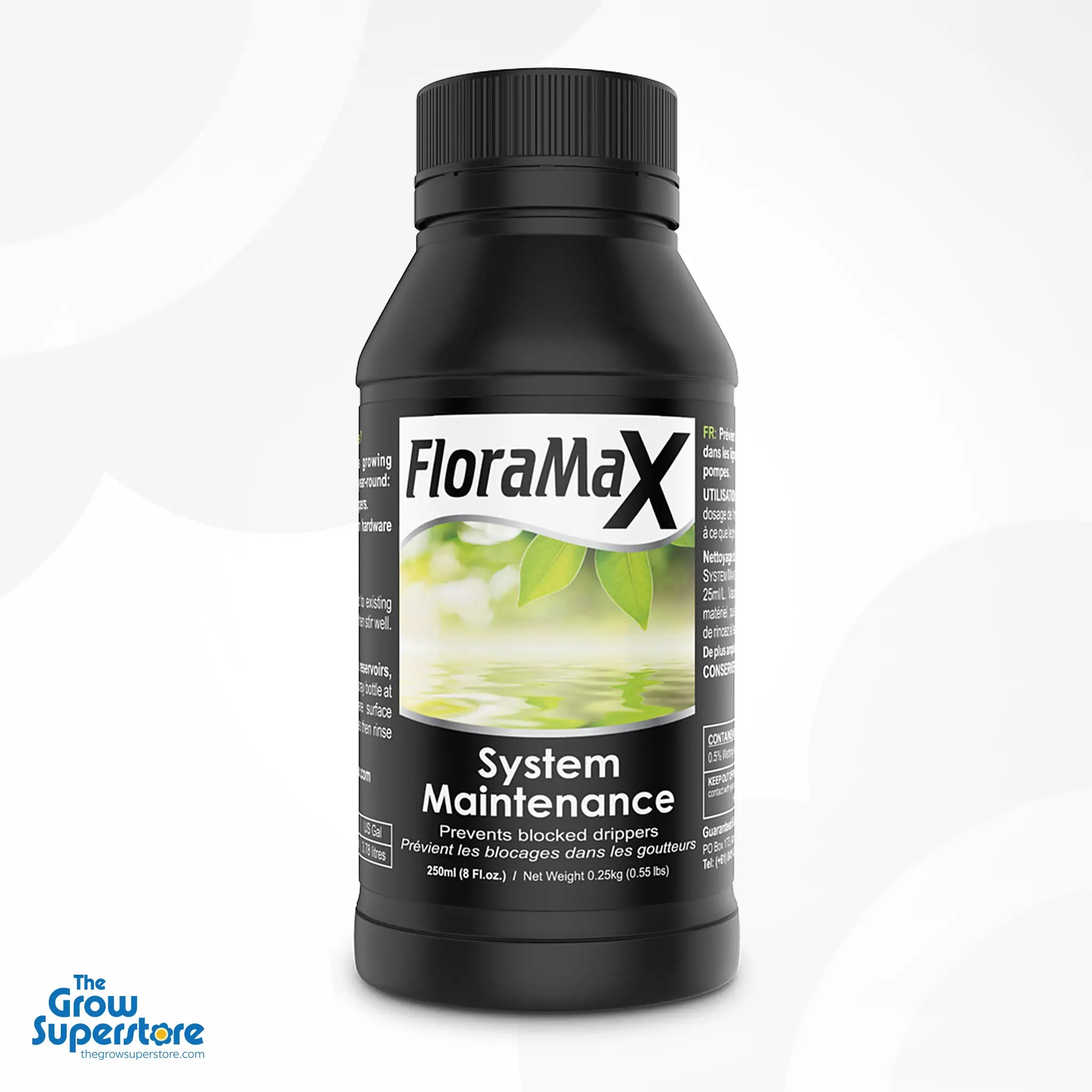 Front view of FloraMax System Maintenance 250ml bottle – hydroponic additive for clean irrigation – thegrowsuperstore.com