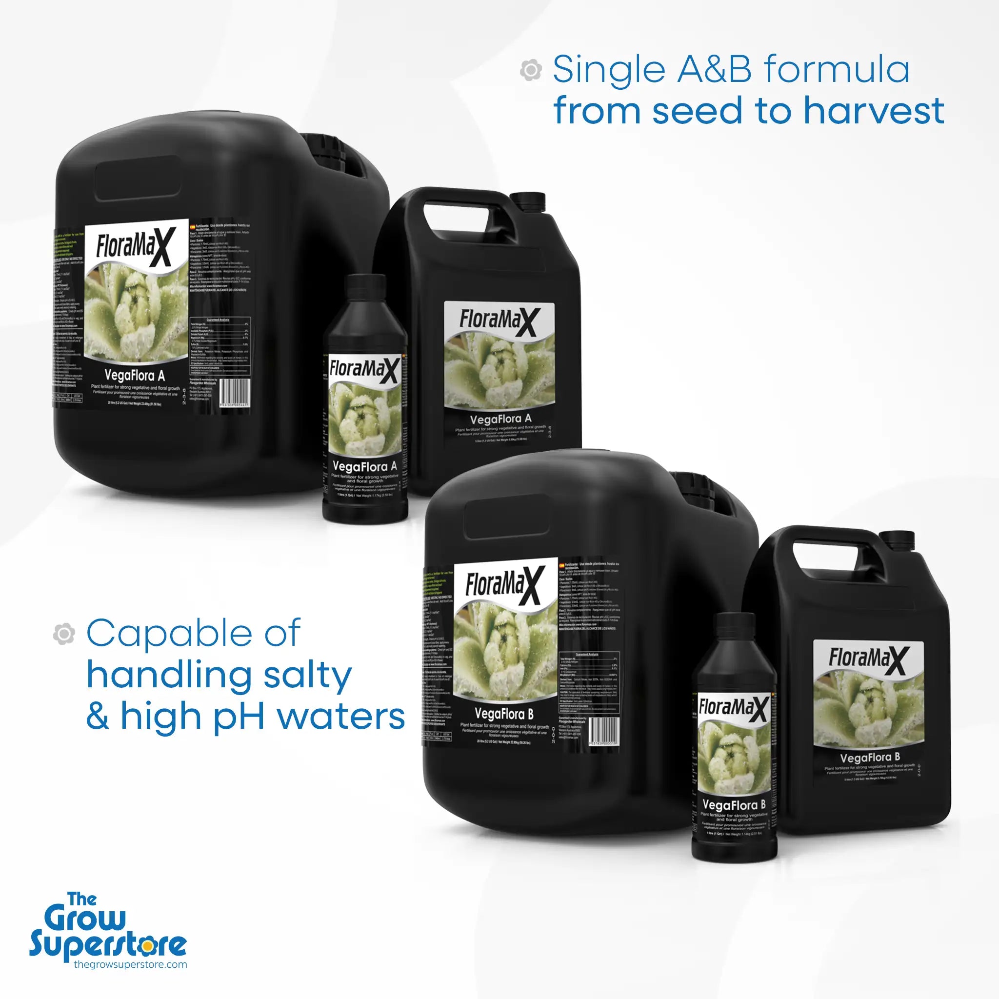 FloraMax VegaFlora A and B nutrient bottles in multiple sizes – complete 2-part formula for seed to harvest – thegrowsuperstore.com