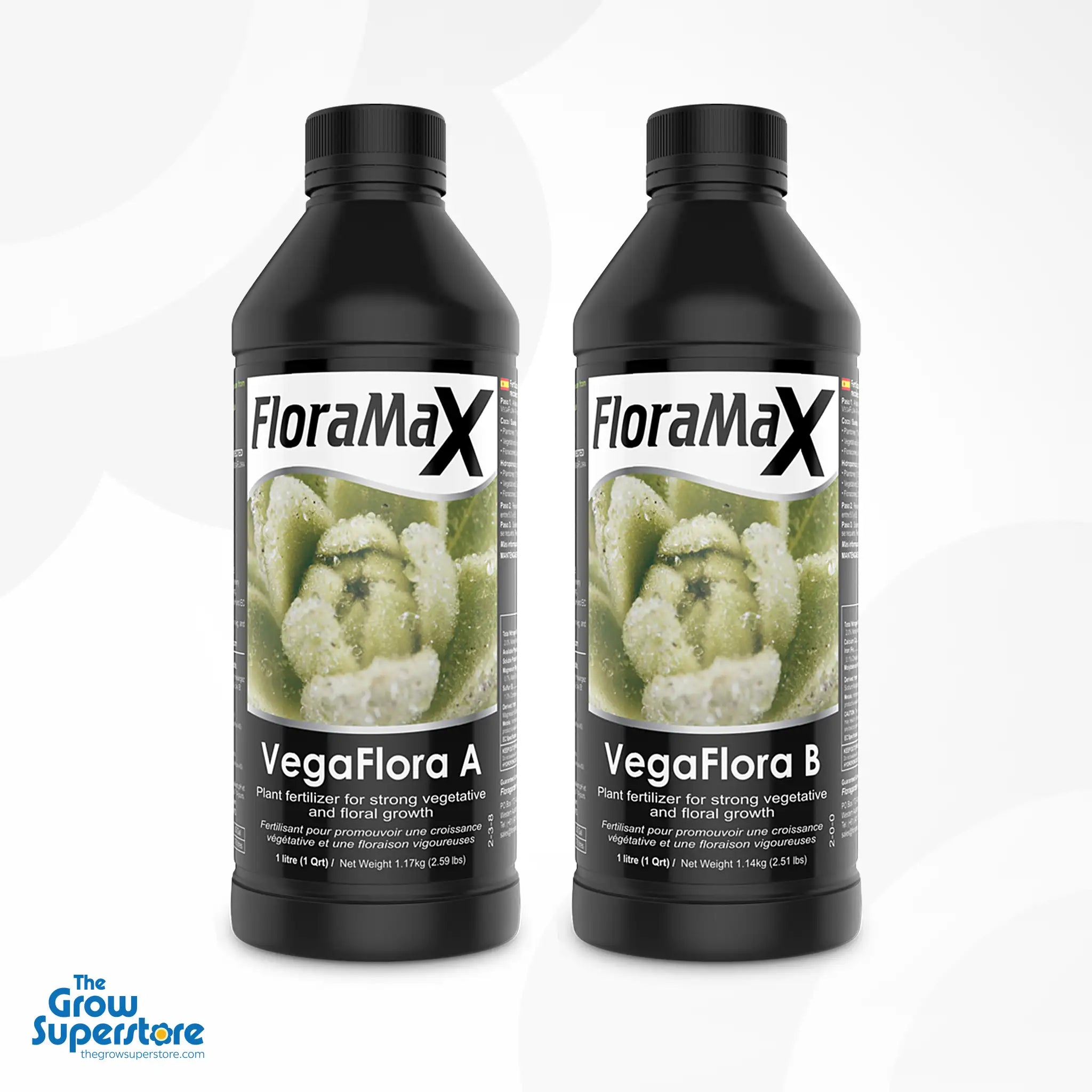 FloraMax VegaFlora A+B 1L bottles – strong vegetative and floral growth with a balanced 2-part nutrient system – thegrowsuperstore.com