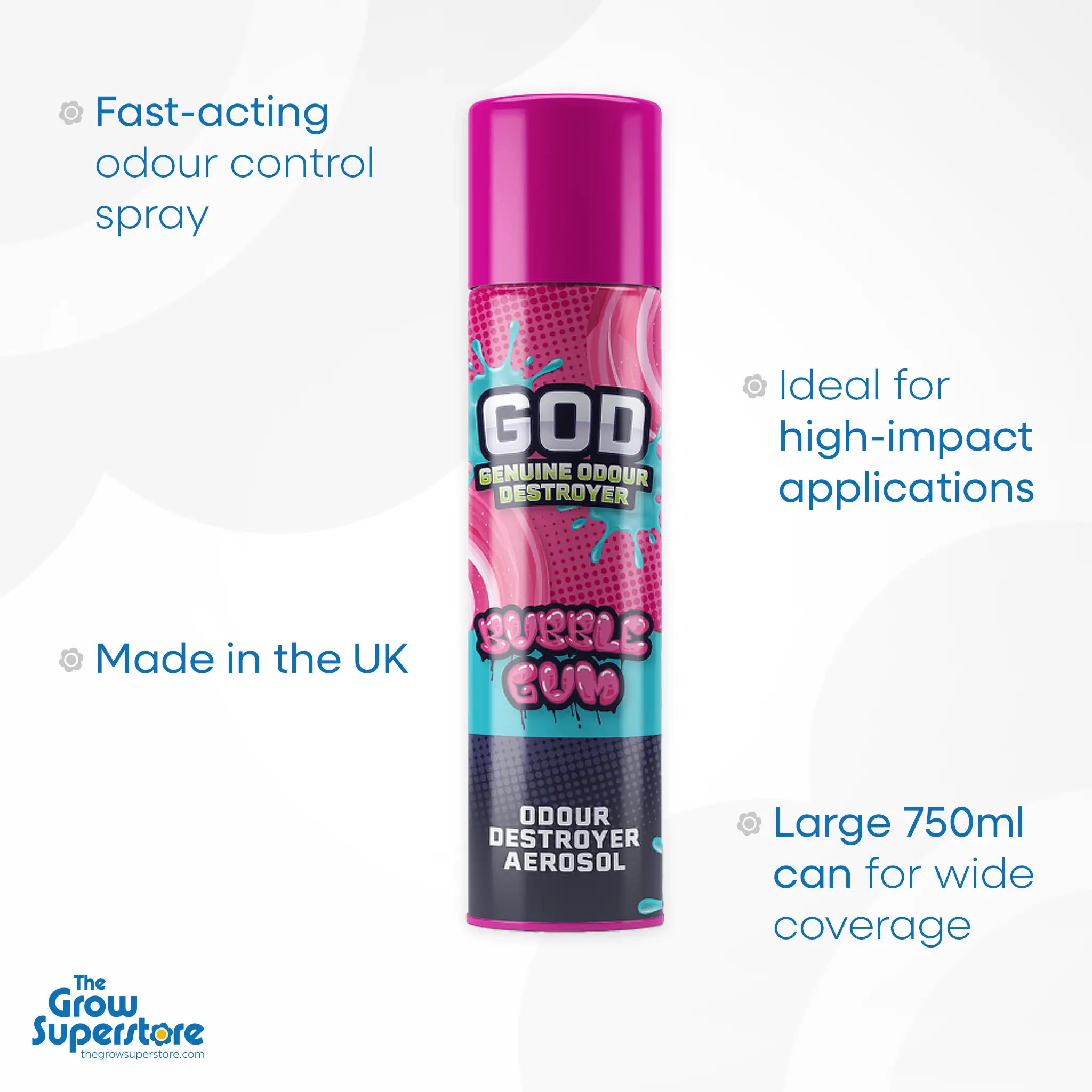 GOD Blast Bubble Gum Aerosol 750ml – Sweet fragrance odour neutraliser in a vibrant pink spray can. UK-made. Ideal for indoor odour control. Sold by The Grow Superstore – thegrowsuperstore.com