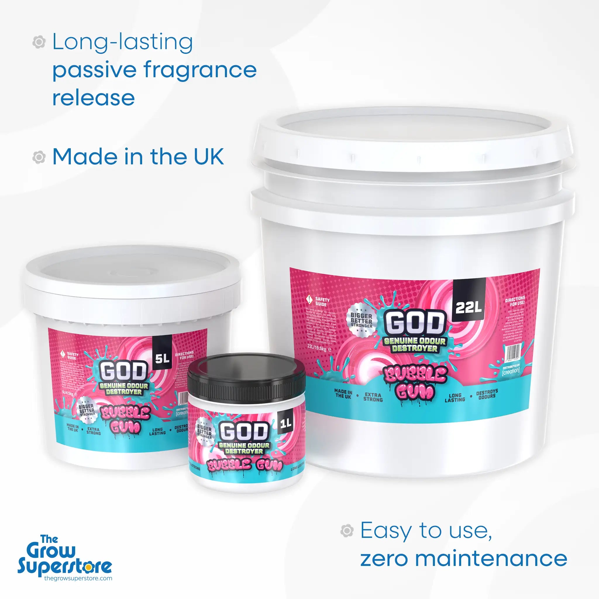 GOD Gel Bubble Gum odour neutraliser in 1L, 5L, and 22L sizes. Sweet fragrance, long-lasting gel made in the UK. Sold by The Grow Superstore – thegrowsuperstore.com