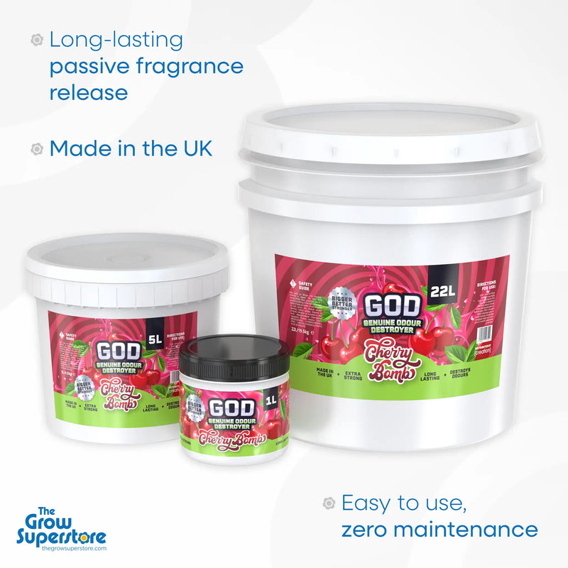 GOD Gel Cherry Bomb – full product range with 1L, 5L, and 22L sizes. UK-made odour neutraliser with cherry fragrance. Long-lasting and maintenance-free. Shop at The Grow Superstore – thegrowsuperstore.com