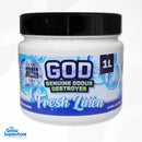 GOD Gel Fresh Linen 1L – Genuine Odour Destroyer air freshener with crisp linen fragrance. Extra strong, UK-made gel for enclosed spaces. The Grow Superstore – thegrowsuperstore.com