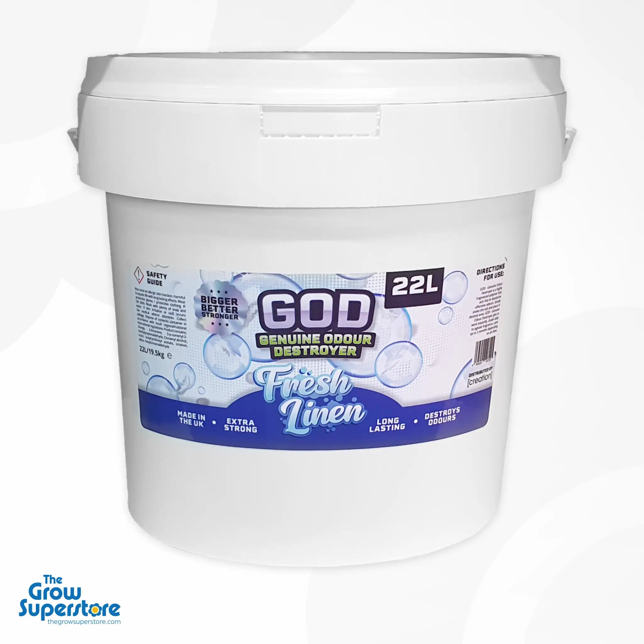 GOD Gel Fresh Linen 22L – Large-capacity odour eliminator for grow tents and commercial areas. Long-lasting air freshener gel. Available at The Grow Superstore – thegrowsuperstore.com