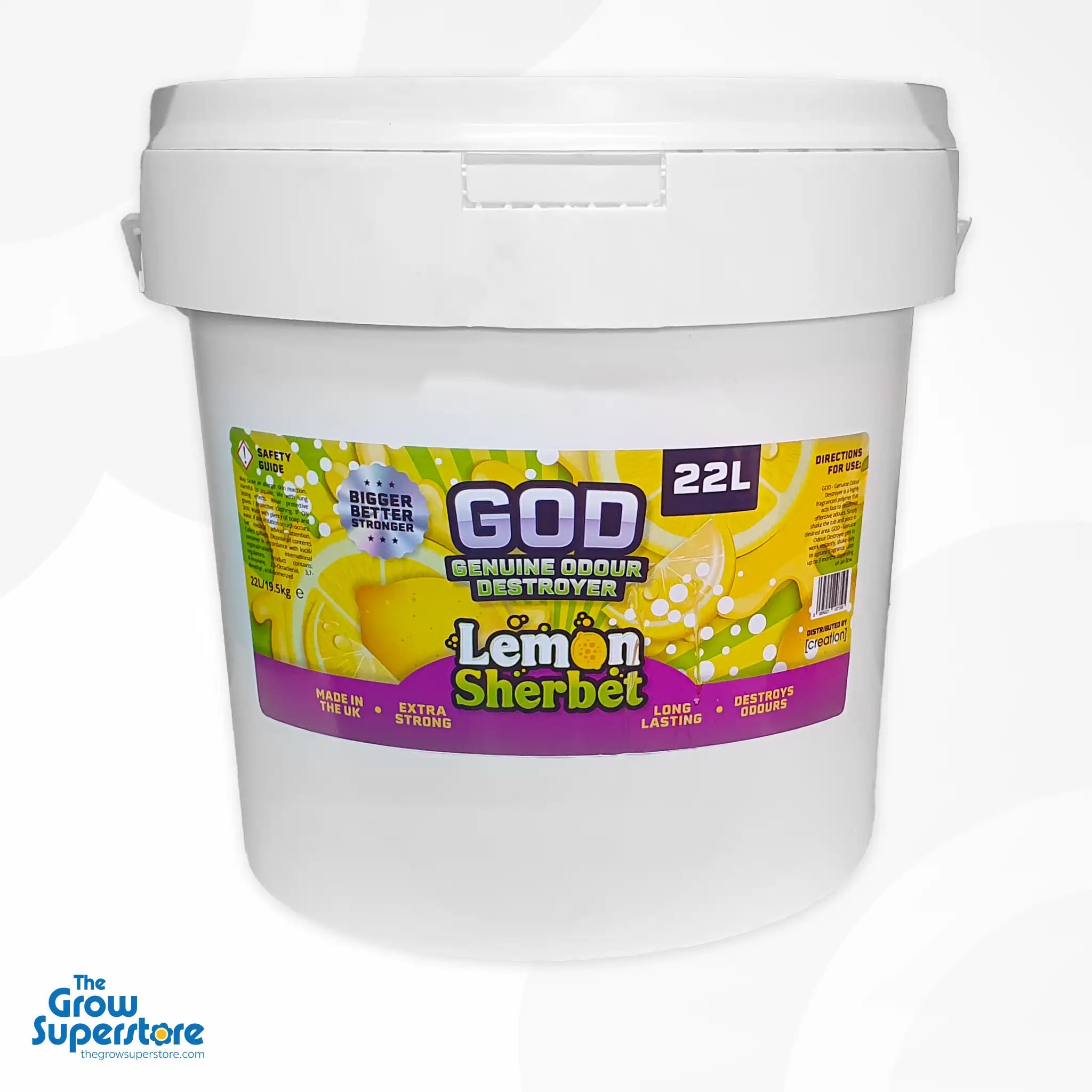 GOD Gel Lemon Sherbet 22L – Extra strong odour eliminator with refreshing sherbet scent. Large format for commercial or large grow spaces. The Grow Superstore – thegrowsuperstore.com