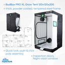BudBox PRO XL Grow Tent 120x120x200cm with steel frame, night vision window, access flaps and technical drawing – thegrowsuperstore.com