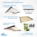 A clean product image showing four LED grow lights—Omega Black 720 W with ballast, Bright 720 W with built-in driver, DimLux Xplore 730 W with digital ballast, Omega Infinity 3.0 Pro 600 W—and two green rope ratchet hanger sets on a white background under the heading “Lighting system: choose one.” – thegrowsuperstore.com