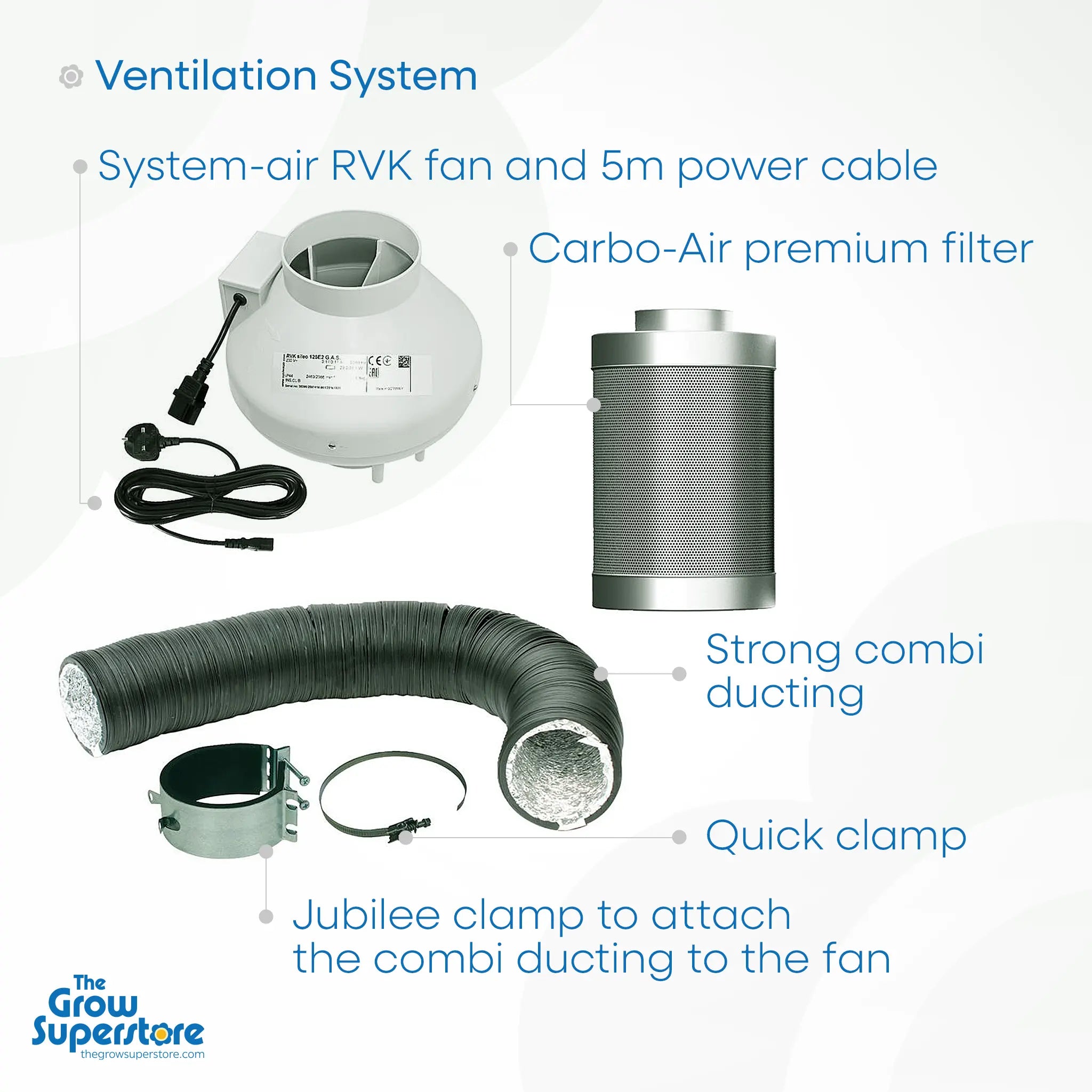 Systemair RVK extraction fan with CarboAir carbon filter, strong combi ducting, fast clamp and jubilee clips – thegrowsuperstore.com