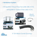 Ventilation system components: WhispAIR 5‑inch mixed flow fan, WhispAIR 5‑inch carbon filter, quick-release clamp, and 5‑meter black combi ducting – thegrowsuperstore.com