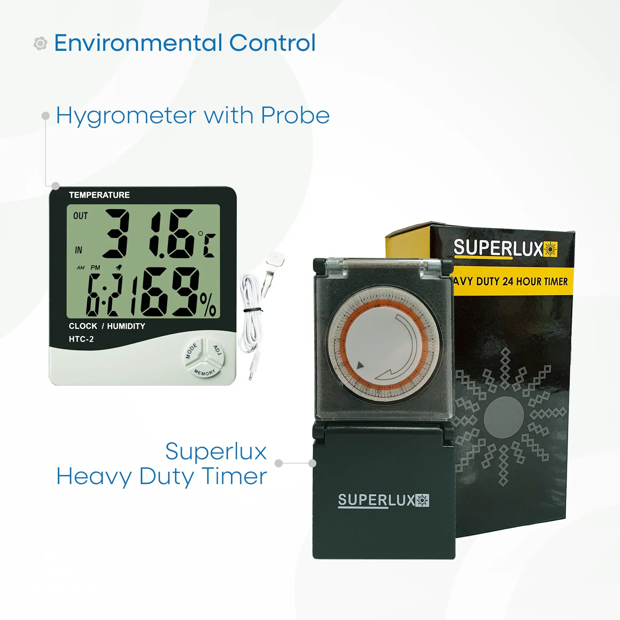 Environmental control components: Superlux heavy-duty 24‑hour timer with clear lid and black body, alongside hygrometer and remote temperature/humidity probe – thegrowsuperstore.com