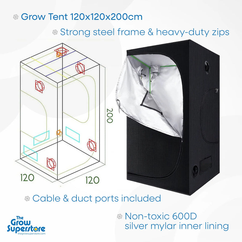 120x120x200cm grow tent with steel frame, heavy-duty zips, cable ports, and non-toxic 600D silver mylar lining – thegrowsuperstore.com