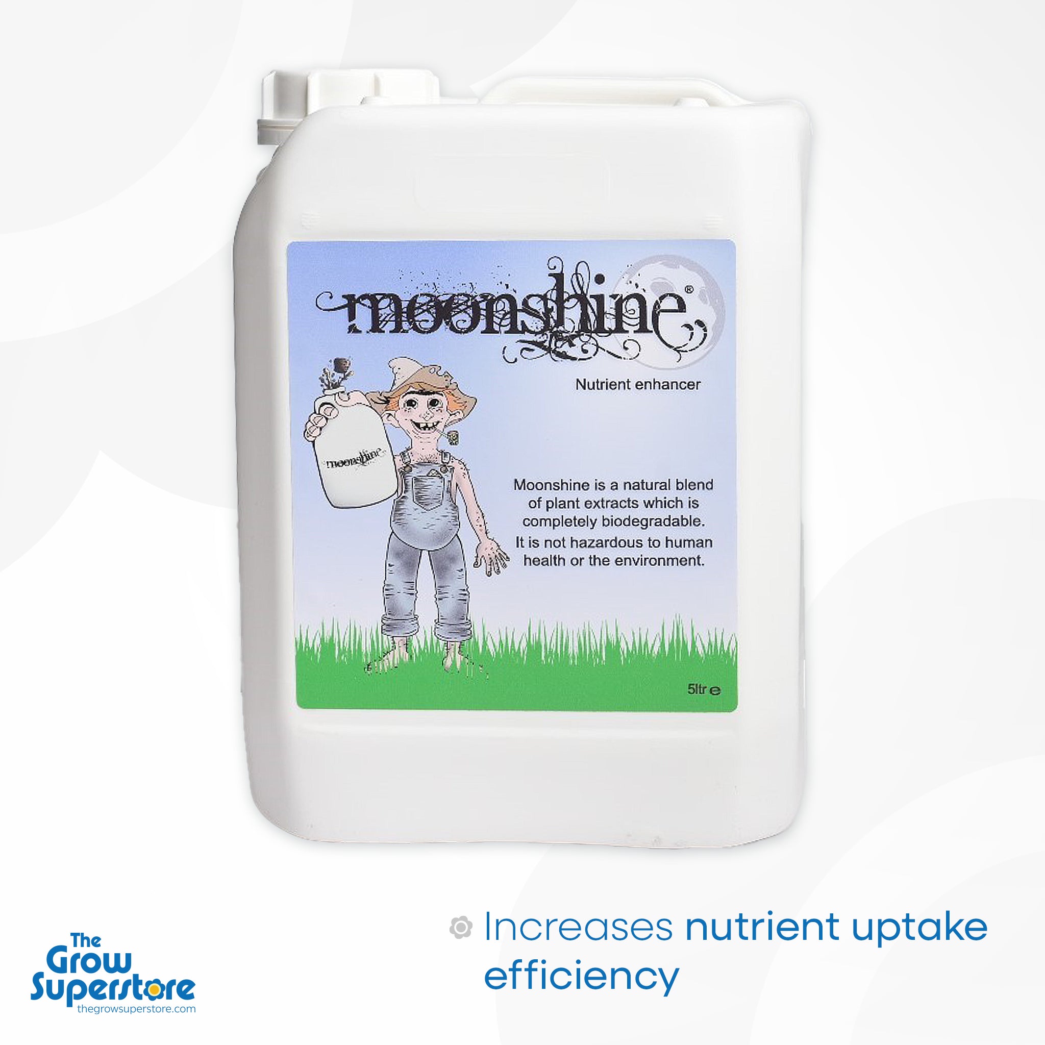 Large 5 L Moonshine Nutrient Enhancer container designed to increase nutrient uptake efficiency in all growing systems. The Grow Superstore – thegrowsuperstore.com