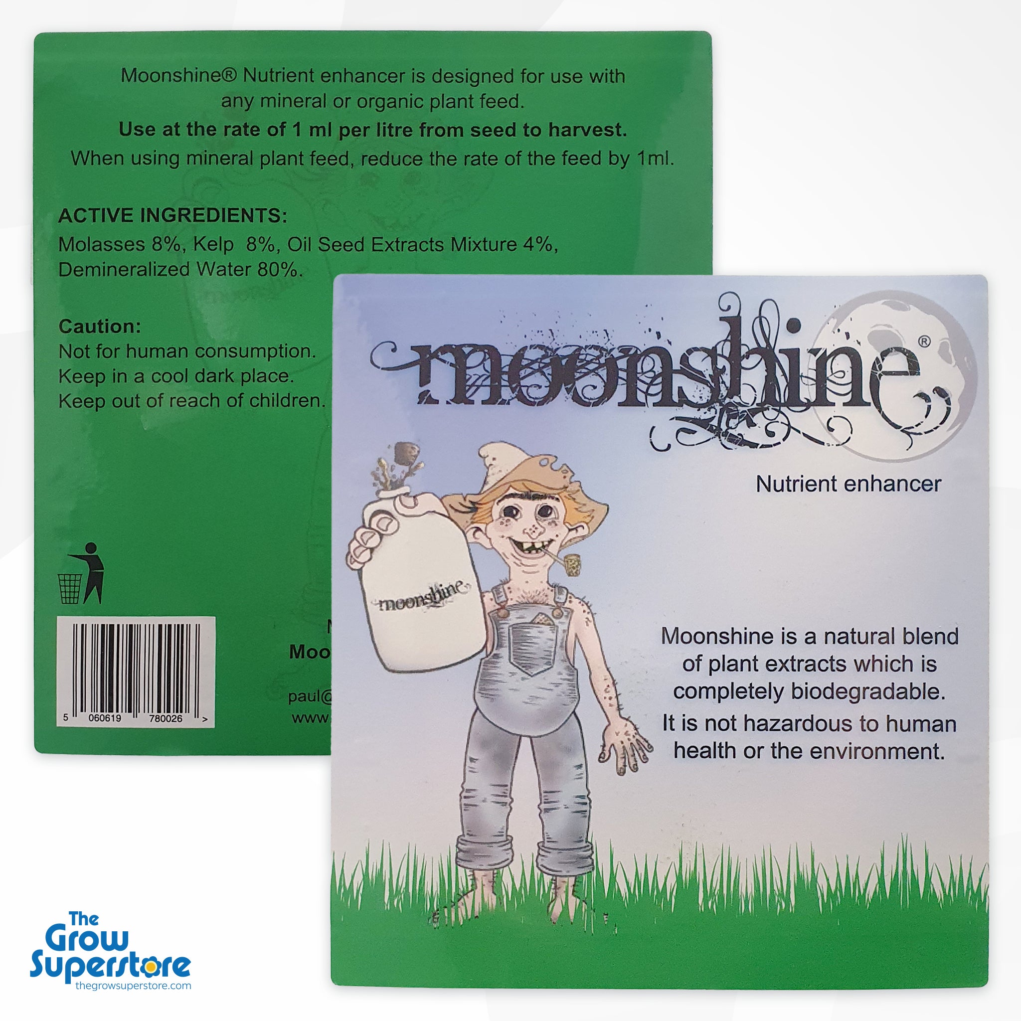 Detailed Moonshine Nutrient Enhancer label listing active ingredients (molasses, kelp, oil seed extracts) and biodegradable composition. The Grow Superstore – thegrowsuperstore.com