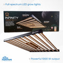 Omega Infinity 1000W 3.0 Pro LED grow light featuring a 10-bar spider frame design, full-spectrum lighting, and industry-leading 3.0 μmol/J efficiency. Available at The Grow Superstore – thegrowsuperstore.com