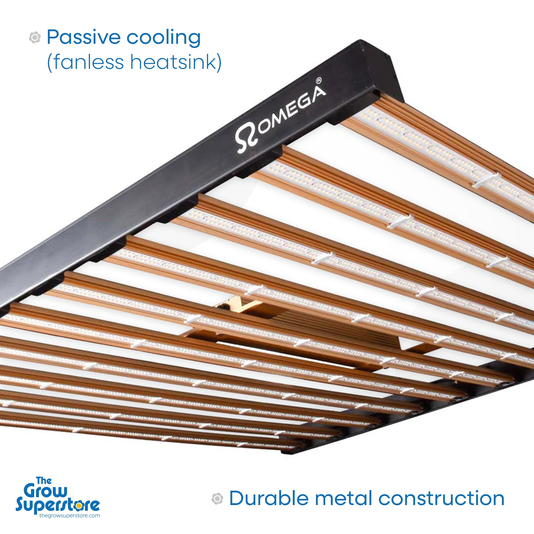 Omega Infinity 1000W 3.0 Pro LED grow light showcasing the uniform coverage and innovative 10-bar LED layout for optimal plant growth. Available at The Grow Superstore – thegrowsuperstore.com