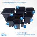 A variety of black square plant pots from PotKing, ranging in sizes from 1 liter to 30 liters, displayed in a group. The image highlights key features, including 'Durable plastic for tough growth' and 'Square design maximizes growing space.' The Grow Superstore logo is visible in the bottom left corner.