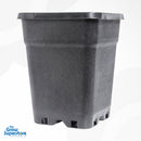 Black square plastic plant pot from PotKing, featuring a durable textured design with reinforced rim and elevated drainage holes for optimal aeration. The Grow Superstore logo is visible in the bottom left corner.