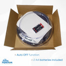 Digital scale PS5000 shown inside packaging with included 2 AA batteries and transparent 2L weighing bowl. Features include auto-off function for energy saving. Perfect for precise measuring tasks in kitchens, grow rooms, or labs. Supplied by The Grow Superstore.