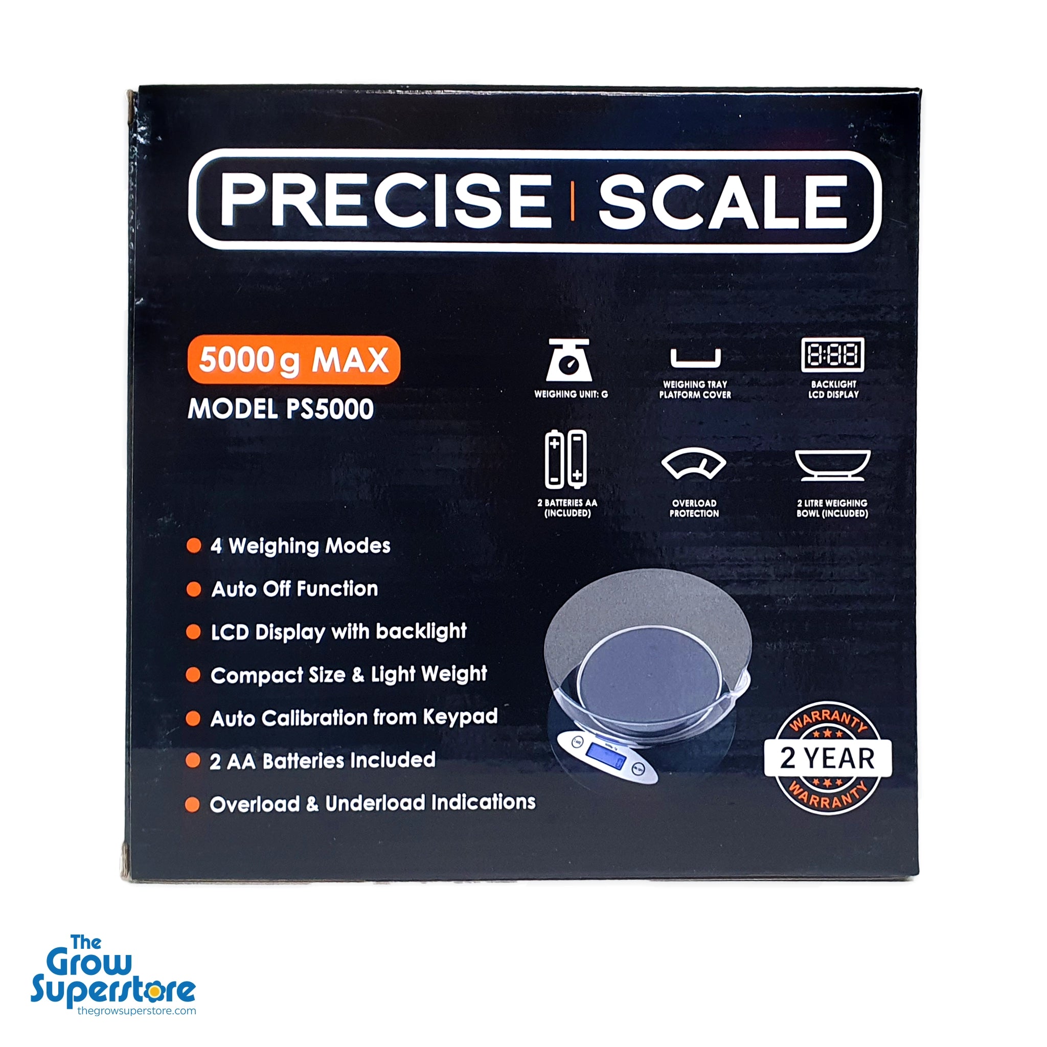 Retail box of Precise Scale PS5000, featuring 5000g max capacity, 2L bowl, 4 weighing modes, auto-off function, backlit LCD, and overload protection. Includes 2 AA batteries and 2-year warranty. Compact and lightweight digital scale ideal for kitchen, grow room, and lab use. Supplied by The Grow Superstore