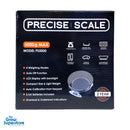 Retail box of Precise Scale PS5000, featuring 5000g max capacity, 2L bowl, 4 weighing modes, auto-off function, backlit LCD, and overload protection. Includes 2 AA batteries and 2-year warranty. Compact and lightweight digital scale ideal for kitchen, grow room, and lab use. Supplied by The Grow Superstore