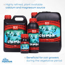 Full range of SHOGUN Cal-Mag bottles, a calcium and magnesium supplement for plants, shown in 250ml, 1L, 5L and 10L sizes – thegrowsuperstore.com