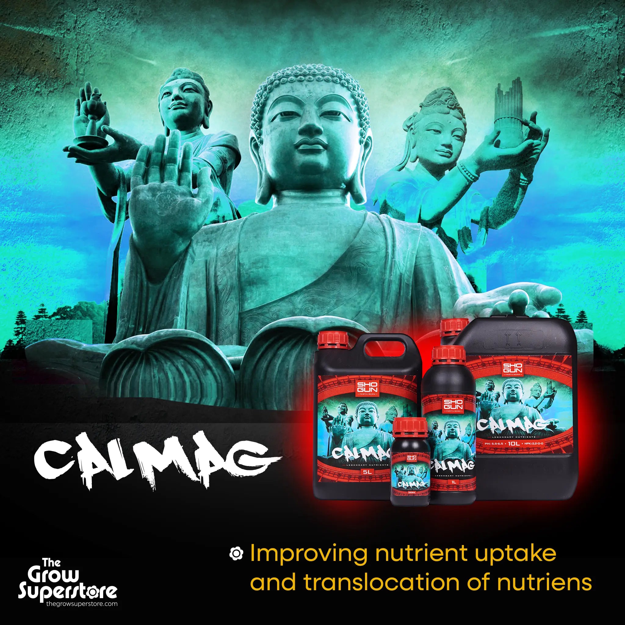 SHOGUN Cal-Mag range, a supplement for improving nutrient uptake and translocation, displayed with branding imagery – thegrowsuperstore.com