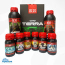 The complete Shogun Terra Starter Kit, including two 1L bottles and six 250ml bottles, displayed in front of its black and green packaging box – thegrowsuperstore.com