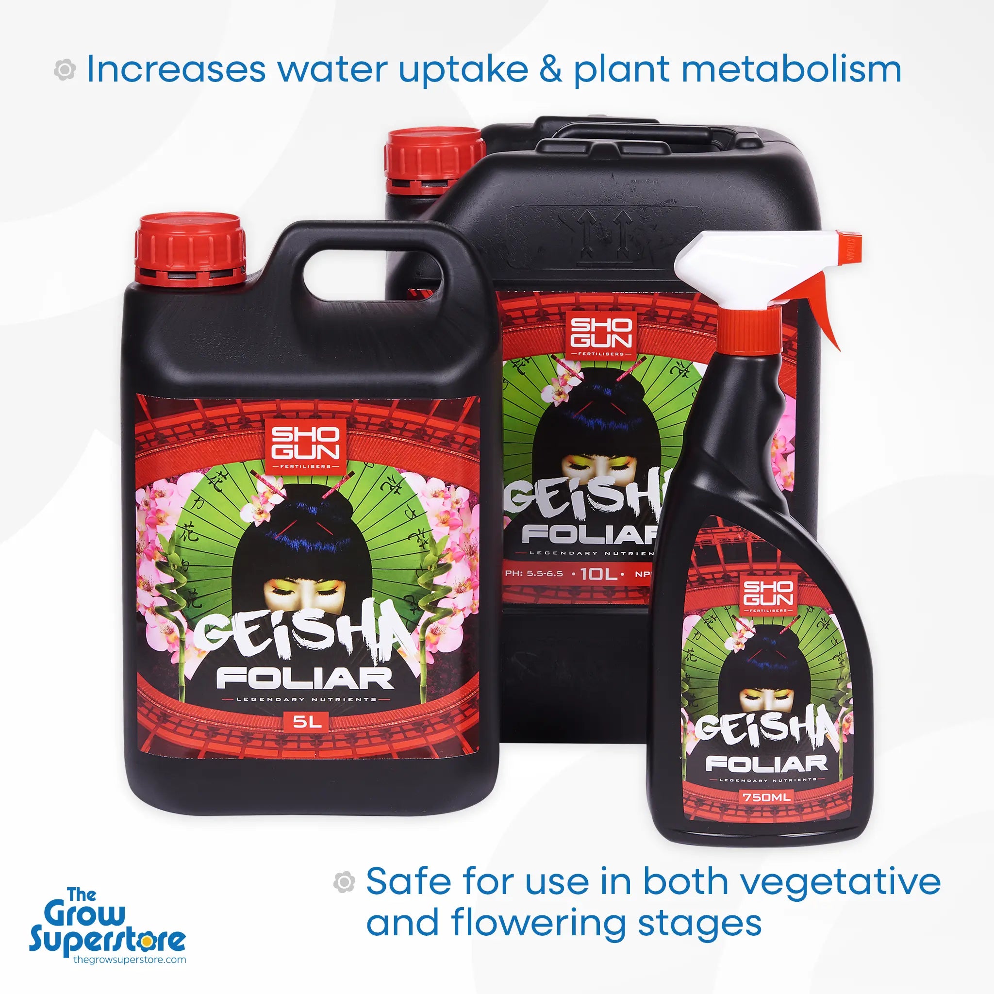 SHOGUN Geisha foliar booster bottles 750 ml, 5 L and 10 L displayed against a neutral background – thegrowsuperstore.com