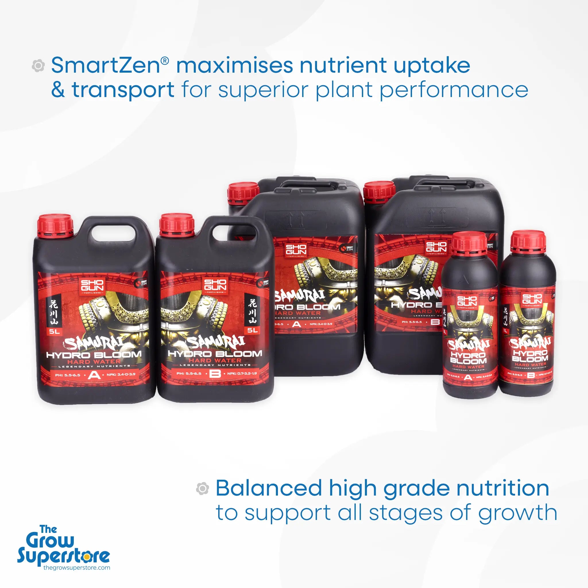 Selection of Shogun Samurai Hydro Bloom A & B Hard Water bottles in various sizes, labelled clearly, with promotional text highlighting nutrient uptake improvements – thegrowsuperstore.com
