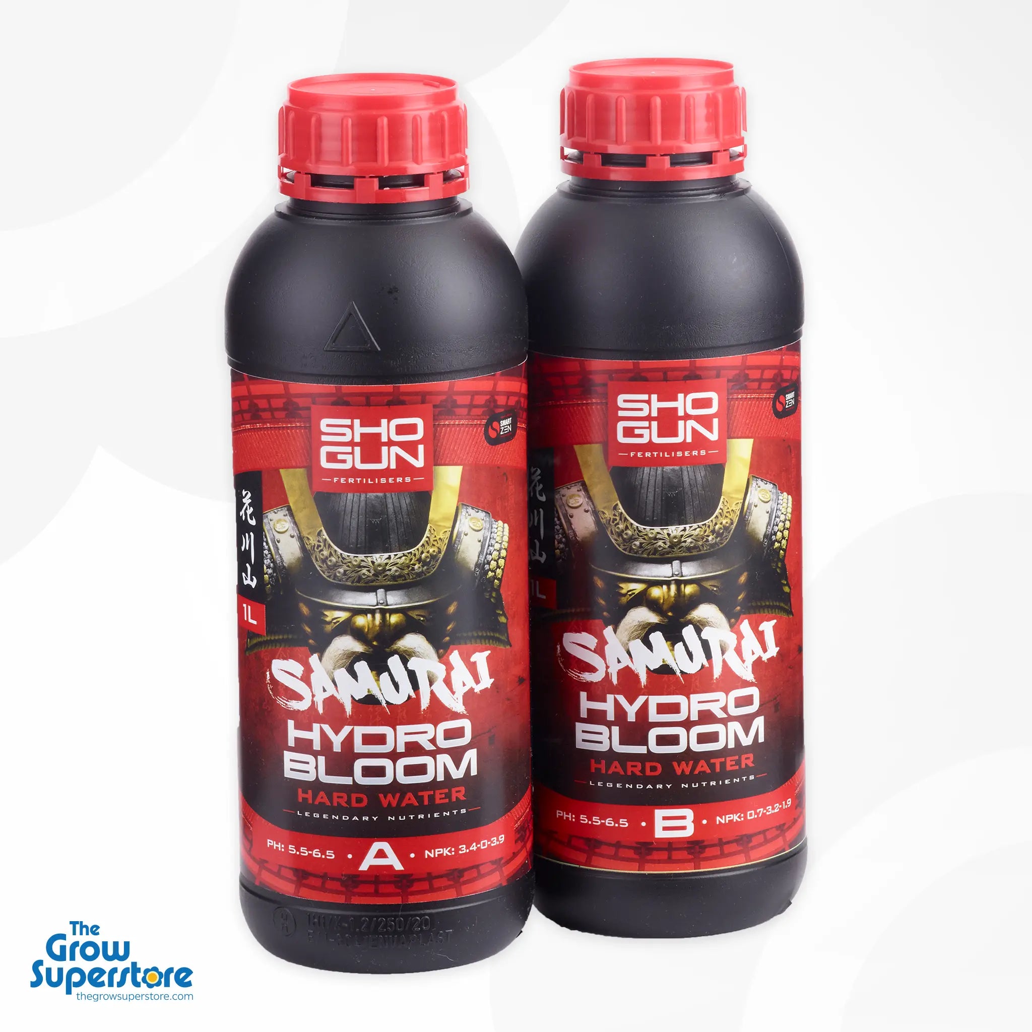 Close‑up of two Shogun Samurai Hydro Bloom A & B Hard Water 1 L bottles with red caps and bold Samurai branding – thegrowsuperstore.com