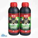 Close-up of two 1 L SHOGUN Samurai Hydro Grow Hard Water A and B bottles with red screw caps and samurai helmet labels—perfect for UK hydroponic nutrient feeding – thegrowsuperstore.com