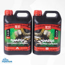 Close-up of SHOGUN Samurai Hydro Grow Hard Water 5 L A&B jerrycans with red caps, samurai helmet branding, pH 5.5–6.5 and precise NPK values—built for hydroponic vegetative stage – thegrowsuperstore.com