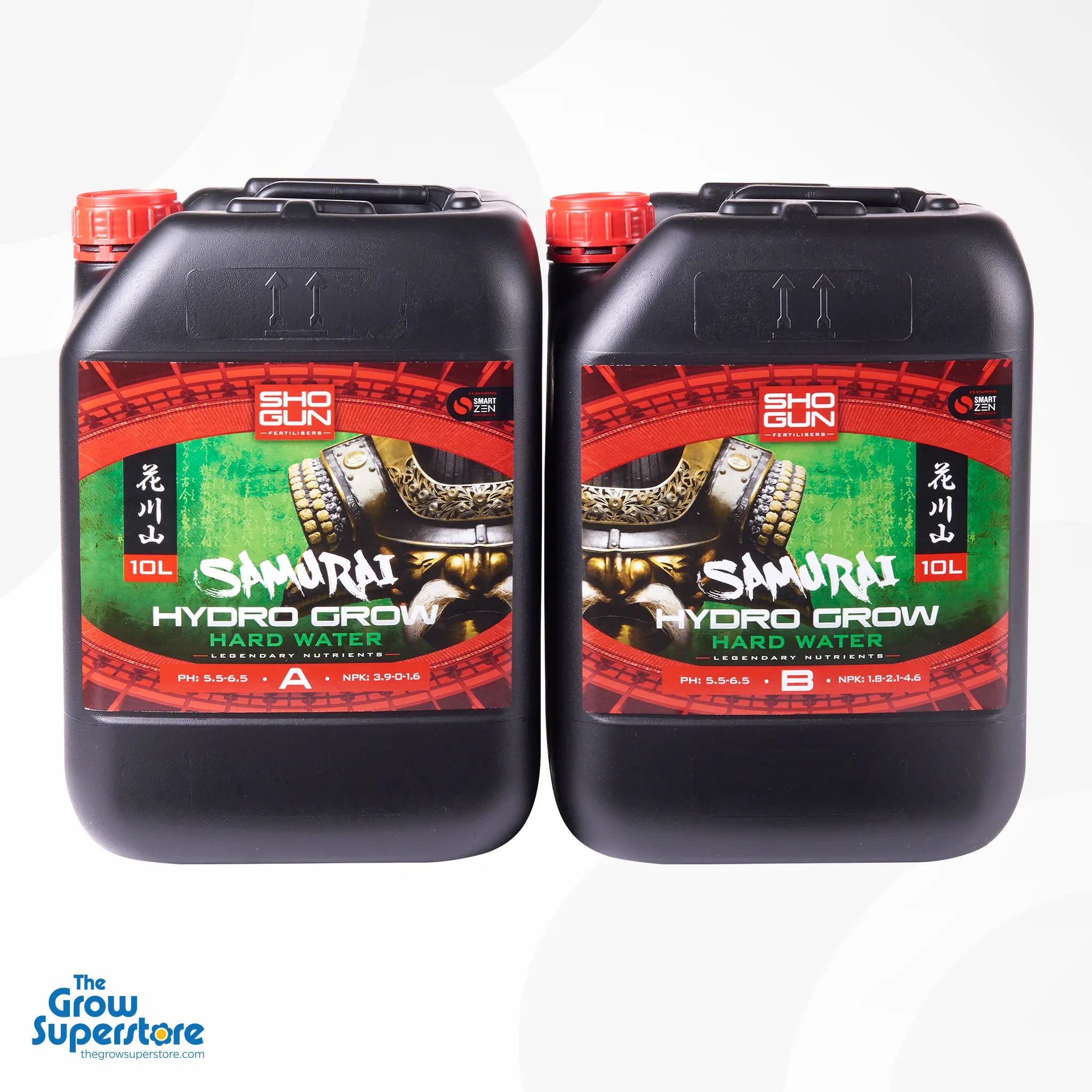 Two 10 L SHOGUN Samurai Hydro Grow Hard Water A and B jerrycans with red lids and samurai helmet artwork—premium hydroponic nutrient solution for hard water systems – thegrowsuperstore.com