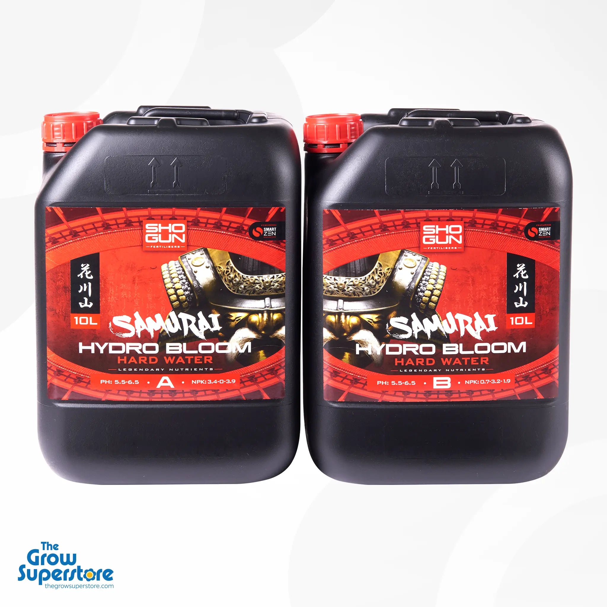 Larger volume 10 L jerry can versions of Shogun Samurai Hydro Bloom A & B Hard Water featuring bold labels and ergonomic handles – thegrowsuperstore.com