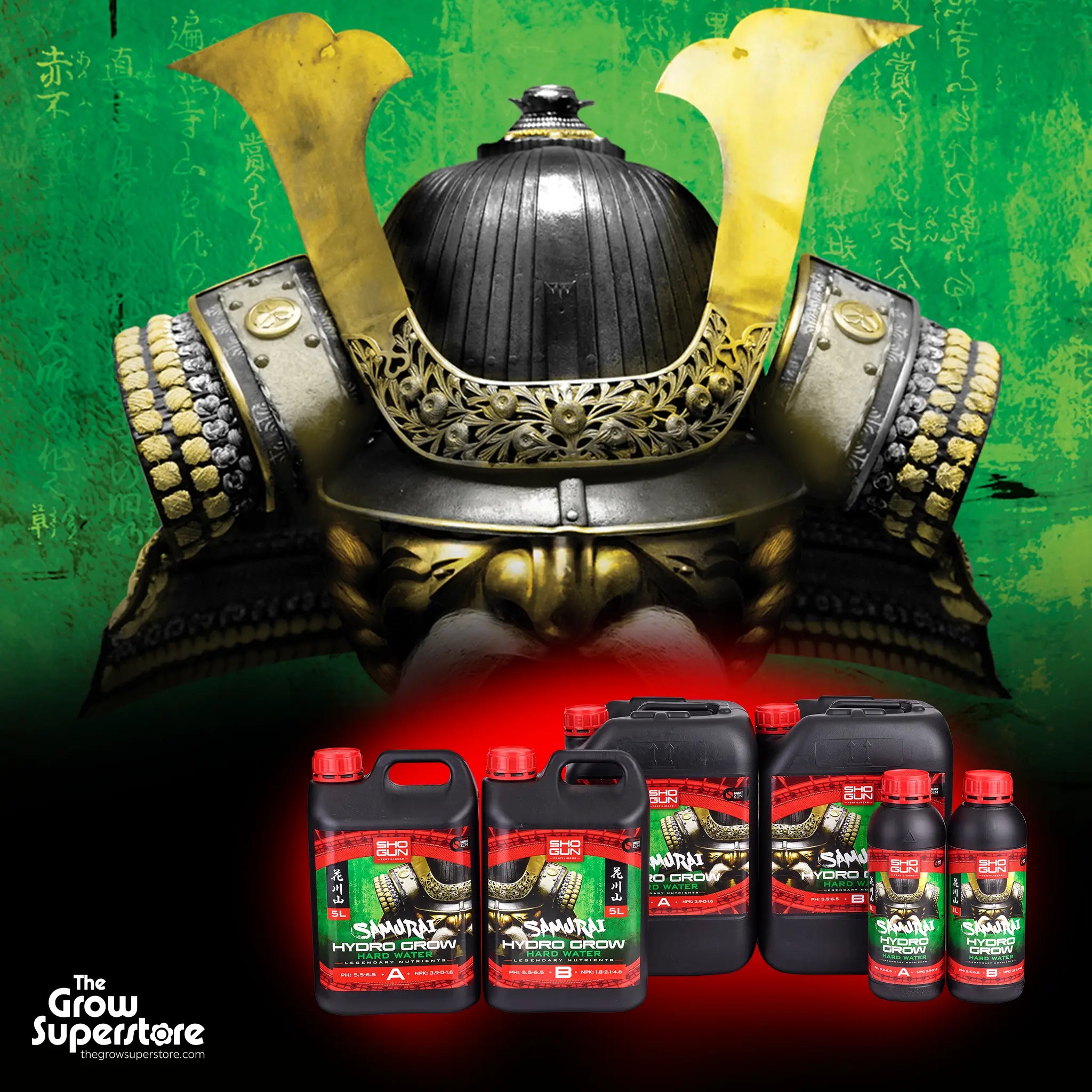 Atmospheric promotional display of SHOGUN Samurai Hydro Grow Hard Water bottles and jerrycans in front of a samurai helmet background—showcasing SmartZen-enhanced hydroponic nutrient power – thegrowsuperstore.com