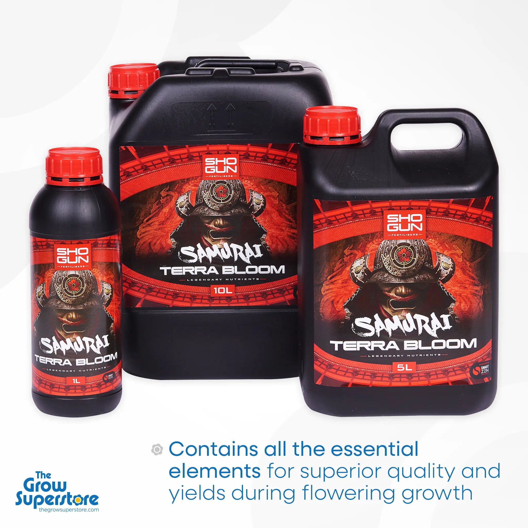 Three black bottles of SHOGUN Samurai Terra Bloom in 1 L, 5 L and 10 L sizes, featuring a red label with a samurai helmet illustration, on a white background with The Grow Superstore branding – thegrowsuperstore.com