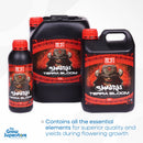 Three black bottles of SHOGUN Samurai Terra Bloom in 1 L, 5 L and 10 L sizes, featuring a red label with a samurai helmet illustration, on a white background with The Grow Superstore branding – thegrowsuperstore.com