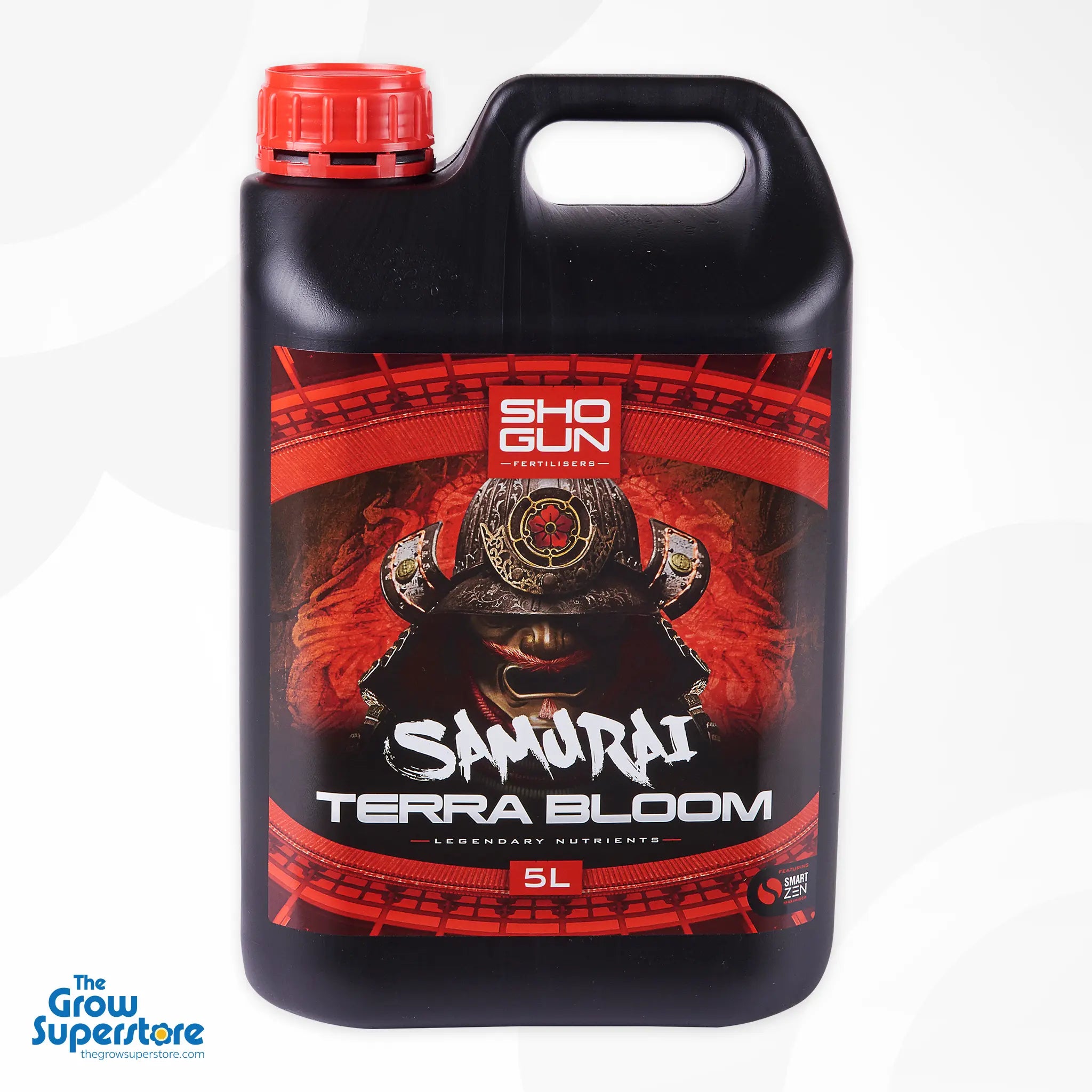Close‑up of the 5 L jug of SHOGUN Samurai Terra Bloom featuring red handle cap and samurai helmet label, shot on a white background – thegrowsuperstore.com