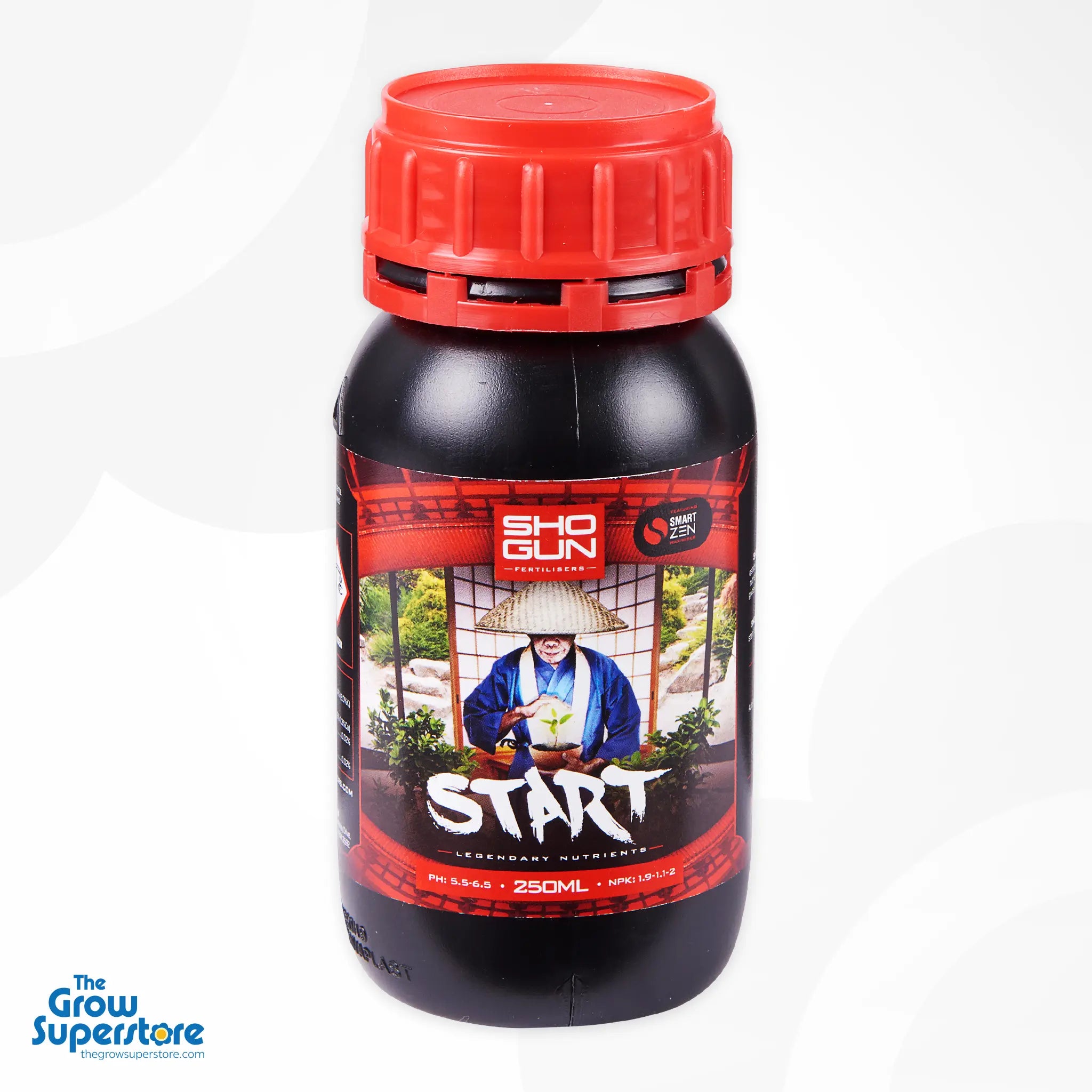 Close‑up of SHOGUN Start 250 ml bottle featuring SmartZen® label and red cap on white background – thegrowsuperstore.com