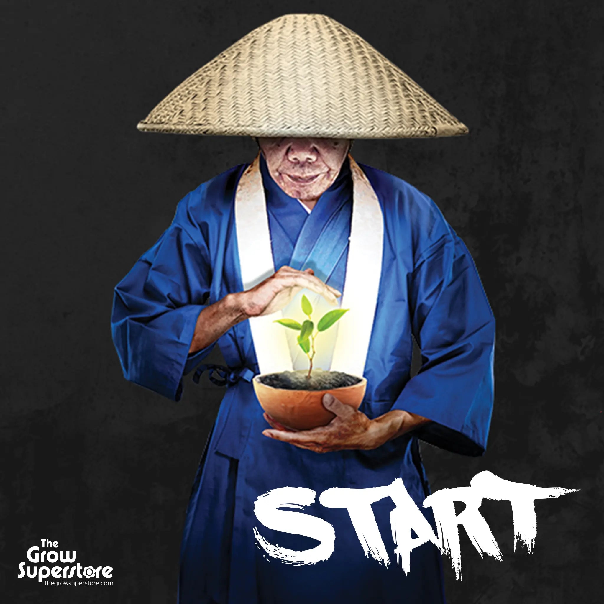 Stylised image of a figure in traditional garb holding a glowing seedling above a pot with the word ‘START’ beneath – thegrowsuperstore.com