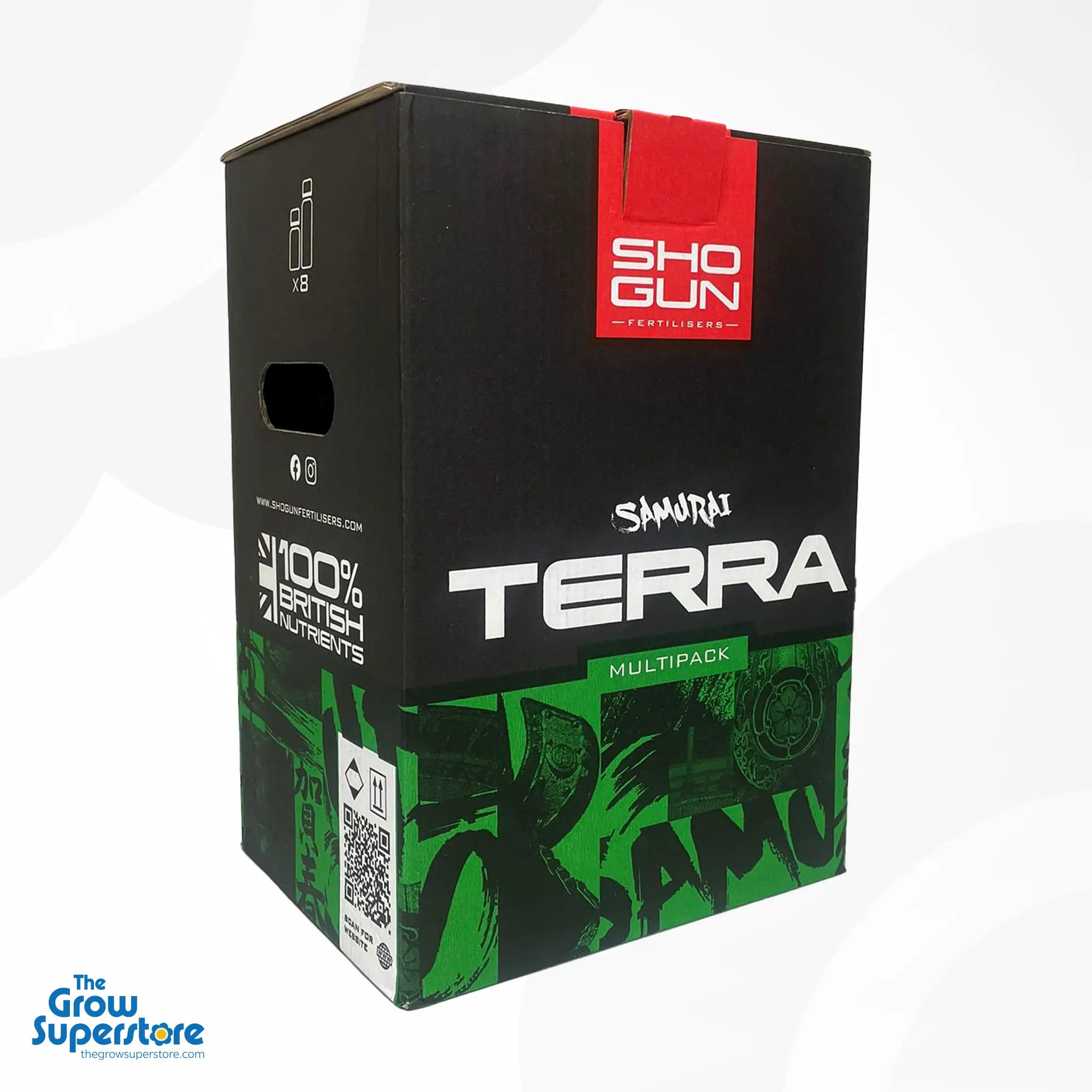 The retail box for the Shogun Samurai Terra Multipack, highlighting it contains 100% British Nutrients – thegrowsuperstore.com