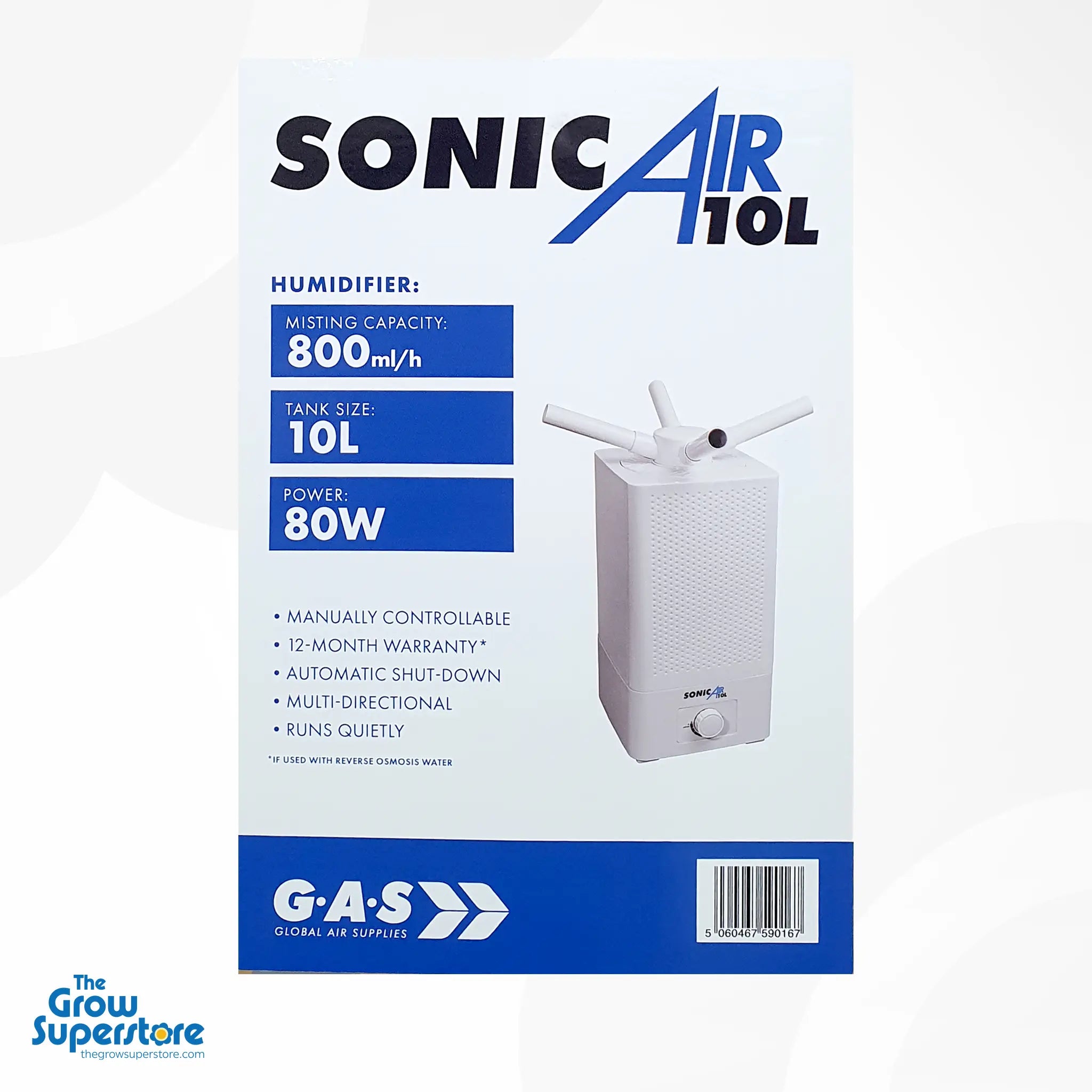 SonicAir 10 L humidifier box displaying specs 800 ml/h output, 10 L tank, 80 W power, and UK plug details – thegrowsuperstore.com