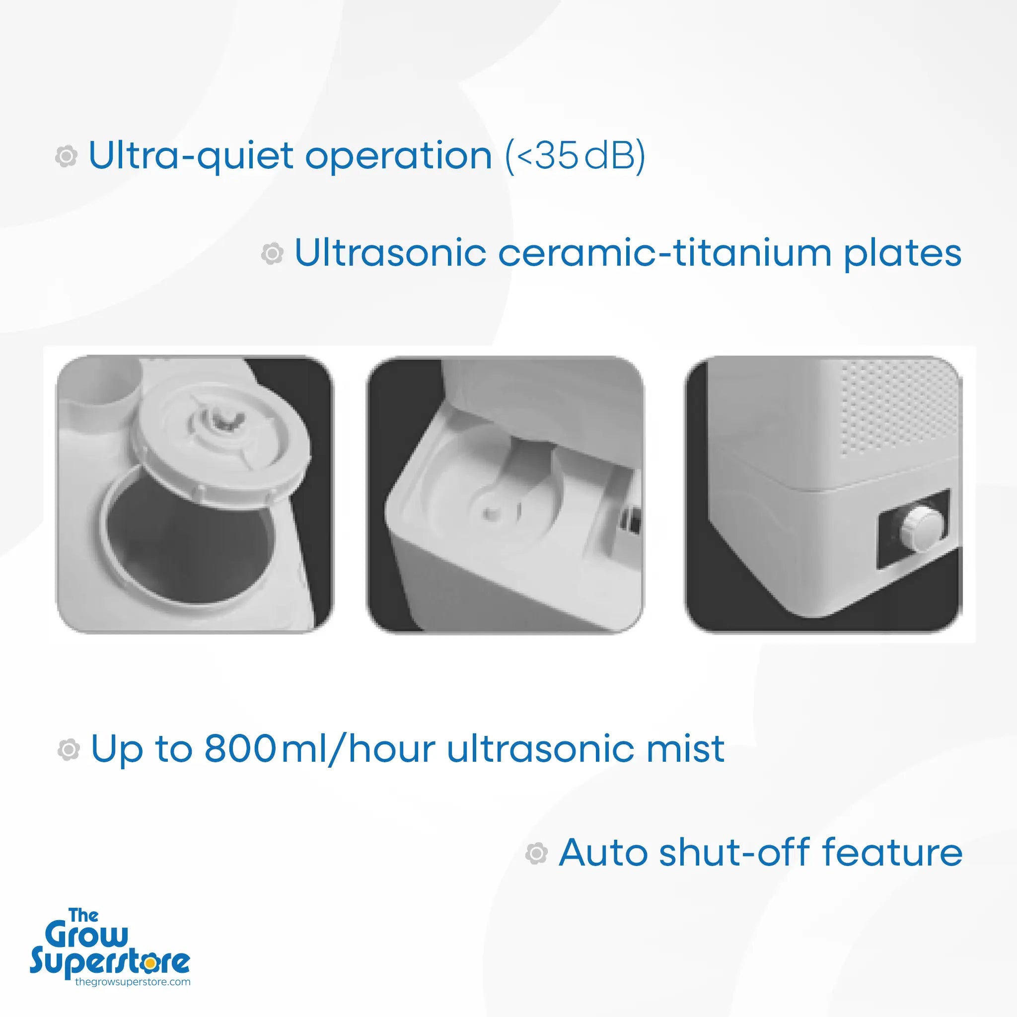 Close-up images showcasing ultra‑quiet operation, ceramic‑titanium ultrasonic plates, lid opening, and adjustable knob – thegrowsuperstore.com